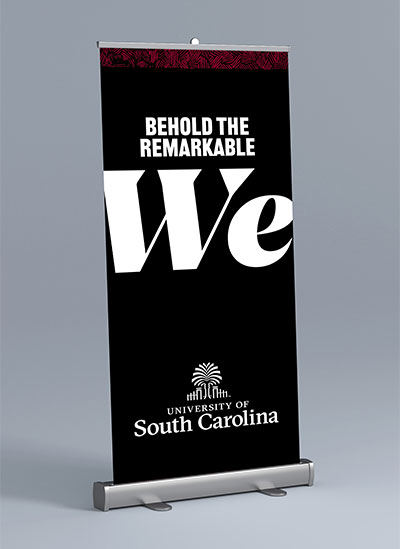 Pop up banner with The Remarkable We text and the University of South Carolina logo on a black background.